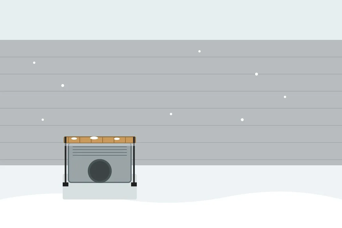 Outdoor air conditioner with a board fastened over the top and its sides uncovered in winter