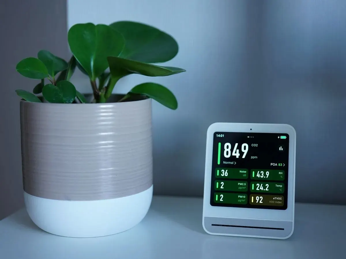 An indoor air quality monitor showing live readings beside a houseplant.
