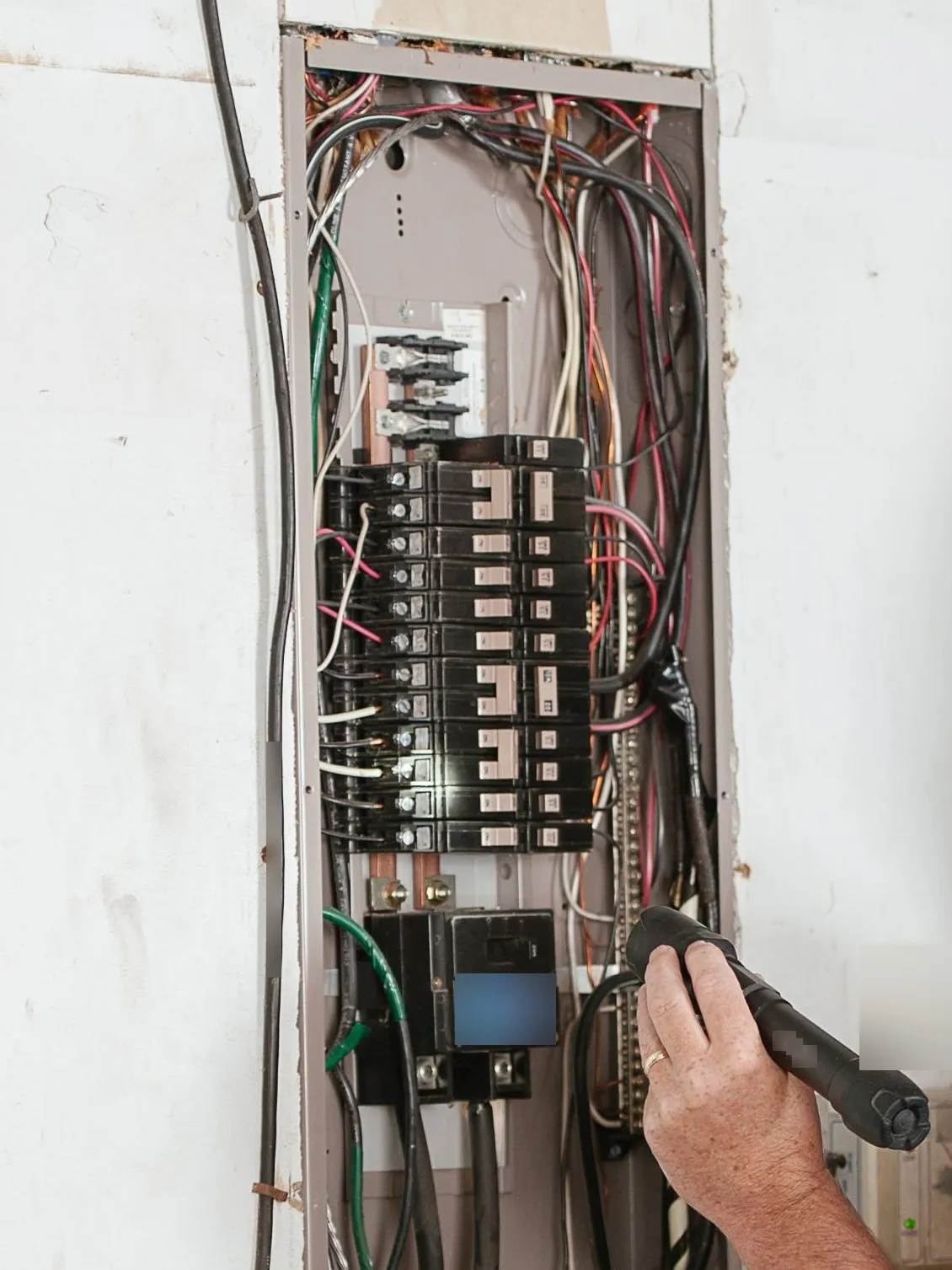 Open residential breaker panel with its cover off, a row of circuit breakers and wiring, and a hand holding a flashlight to inspect it
