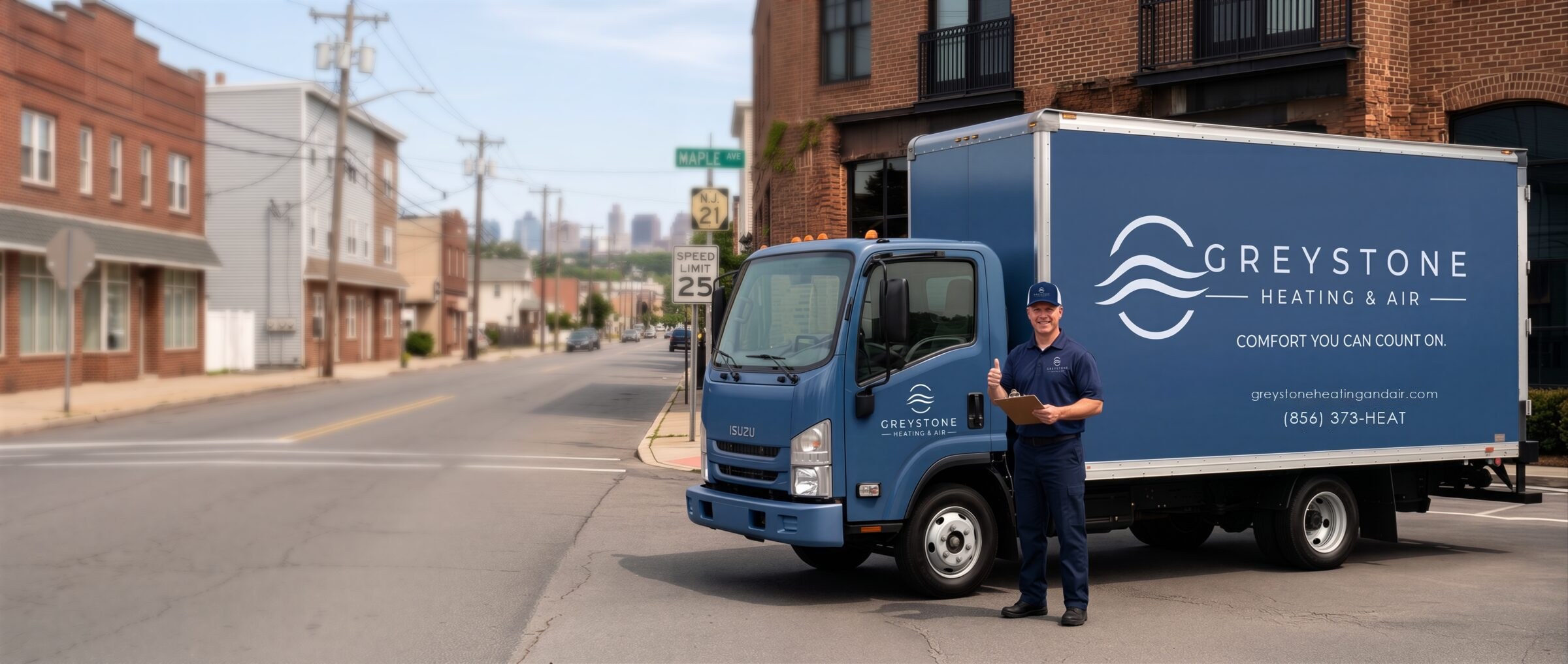 A Greystone Heating and Air box truck with a technician beside it, the phone number (856) 373-HEAT on its side.